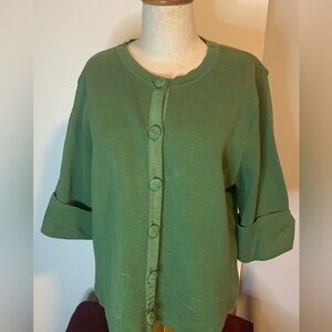 MGRACE ELEMENTS.Sage Green Cardigan with Crew Neck and Rolled Sleeves. Size 1X